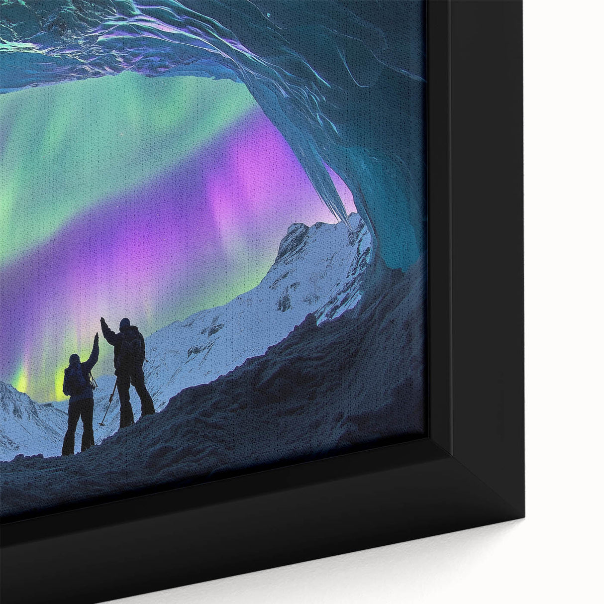 Close-up of a framed canvas artwork depicting abstract landscapes and cave formations, showcasing earthy tones and intricate textures, ideal for modern home decor.
