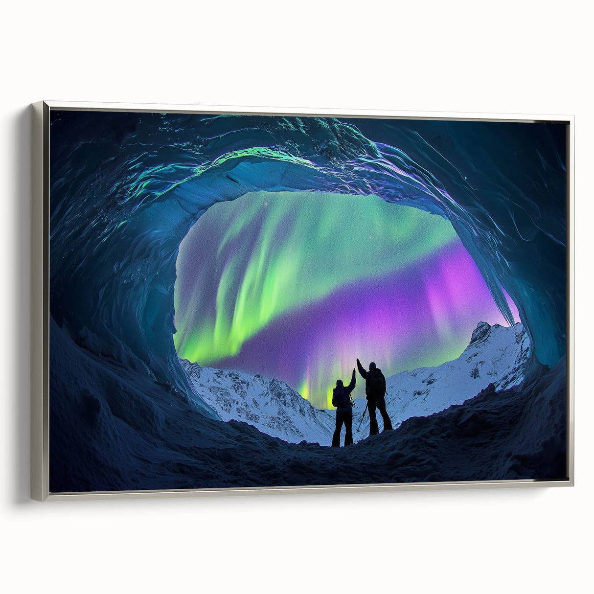 Framed canvas artwork showcasing a stunning landscape with intricate cave details, featuring a silver frame that enhances the visual appeal, perfect for modern decor.