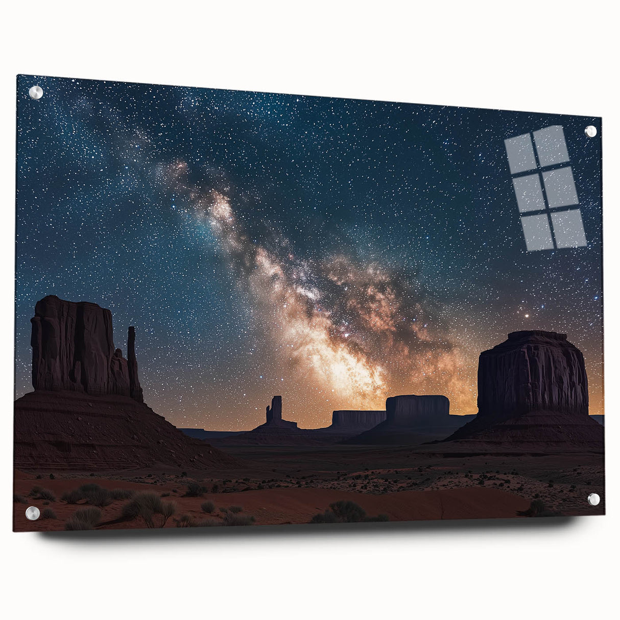 Acrylic glass artwork showcasing a stunning cliff landscape in vibrant colors, displayed in a side view with decorative pins. Perfect for modern home decor.