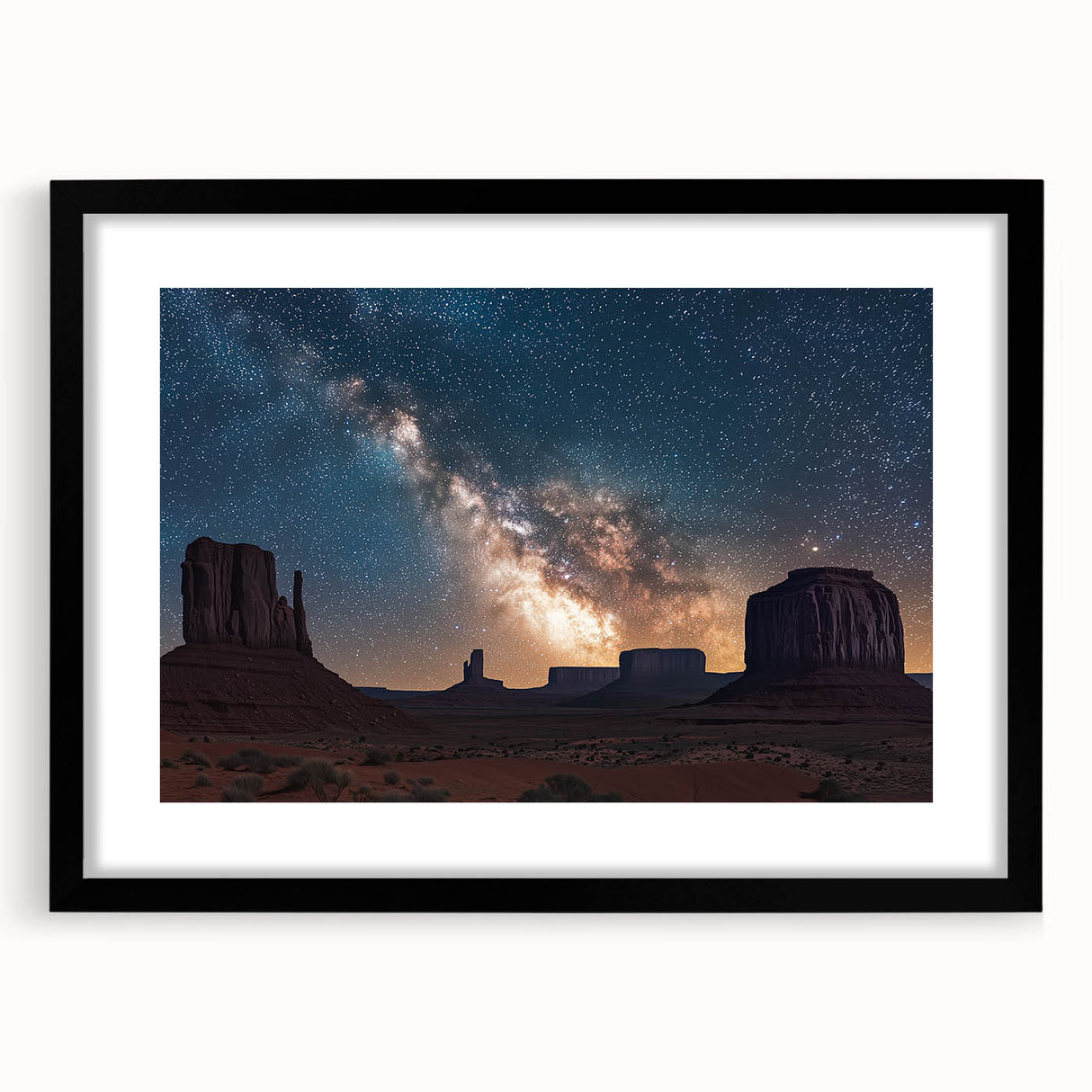 Framed landscape artwork showcasing dramatic cliffs in a black mat, ideal for home decor. The modern design complements various interior styles, adding sophistication.
