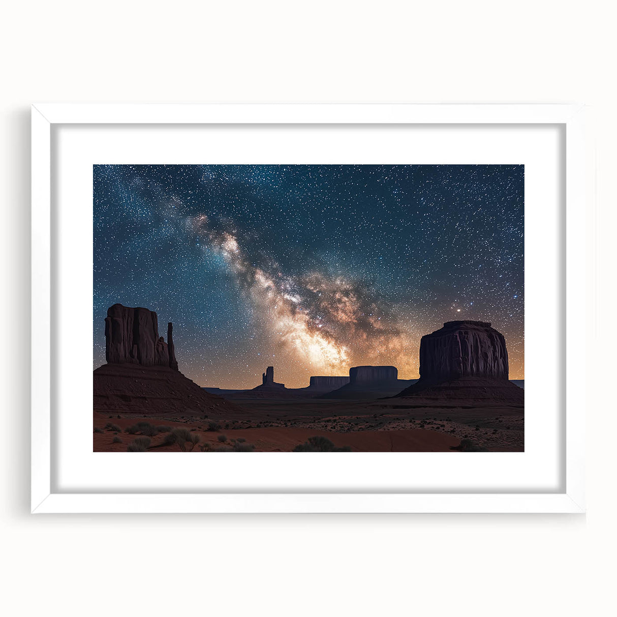Framed landscape artwork showcasing dramatic cliffs against a vibrant sunset, elegantly matted in white, perfect for enhancing modern home decor.