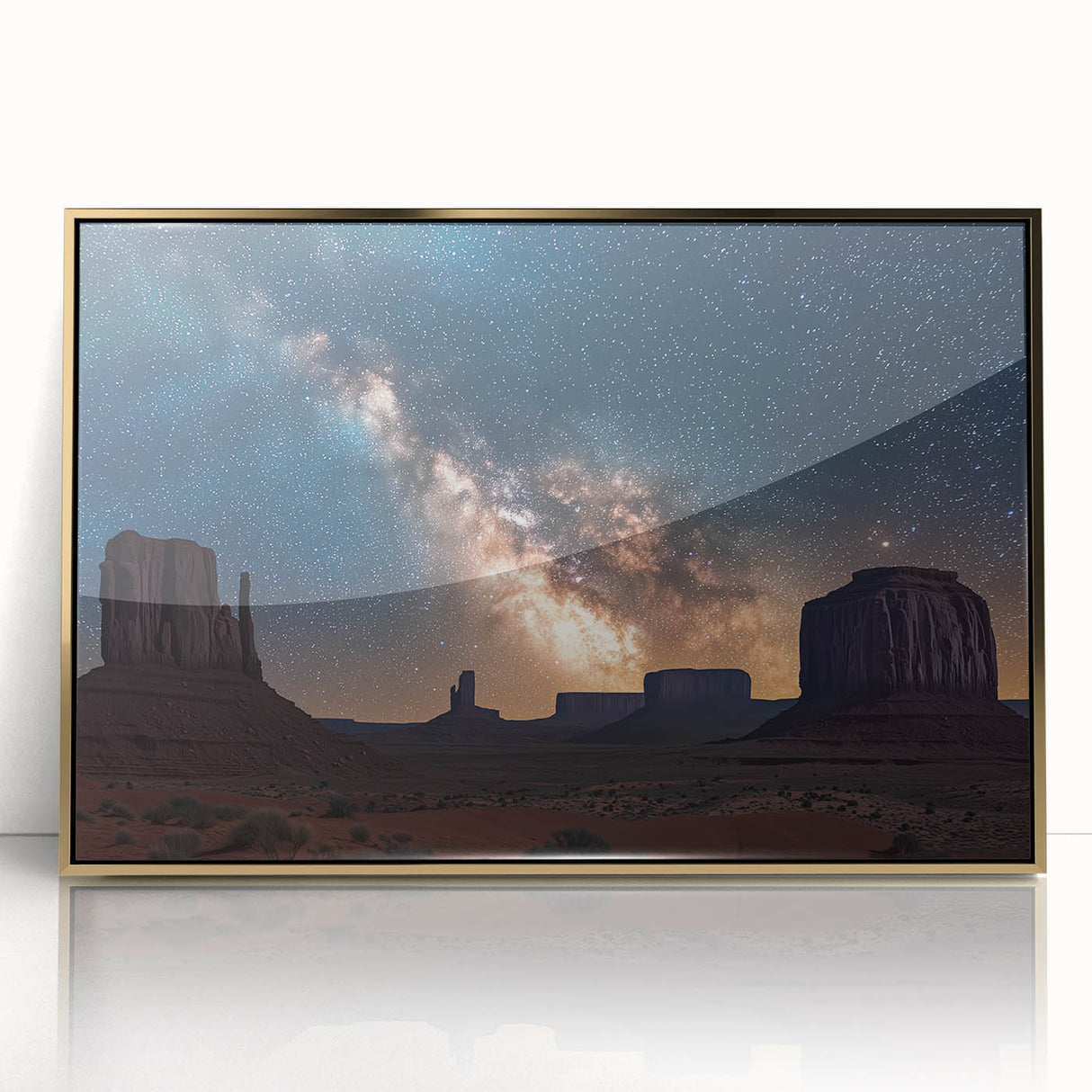 Framed acrylic artwork showcasing a stunning landscape with dramatic cliffs, highlighted by vibrant gold accents, perfect for enhancing modern decor.