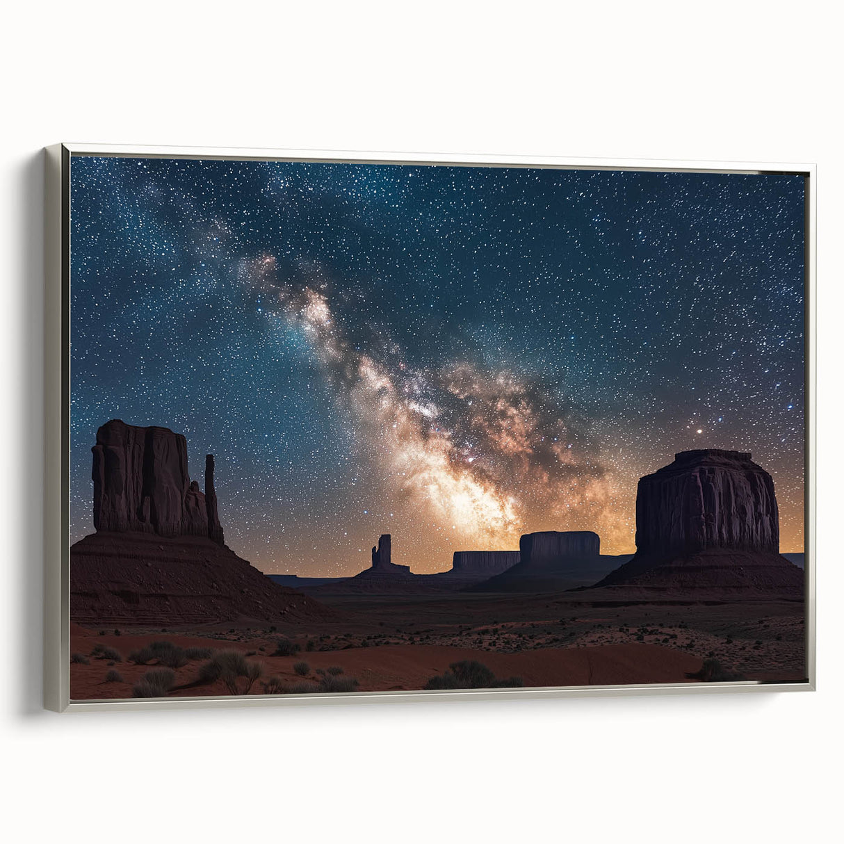 Framed canvas artwork showcasing a stunning landscape of cliffs, featuring silver accents and a side view that highlights its depth and texture, ideal for modern decor.