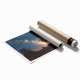Stunning rolled print showcasing vibrant cliff landscapes with dramatic rock formations and lush greenery, beautifully packaged in a protective cardboard tube.