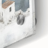 Abstract architectural wall art featuring vibrant geometric patterns in shades of blue, yellow, and gray, printed on acrylic glass to enhance modern decor aesthetics. Perfect for contemporary interiors, this artwork adds depth and sophistication to any space.