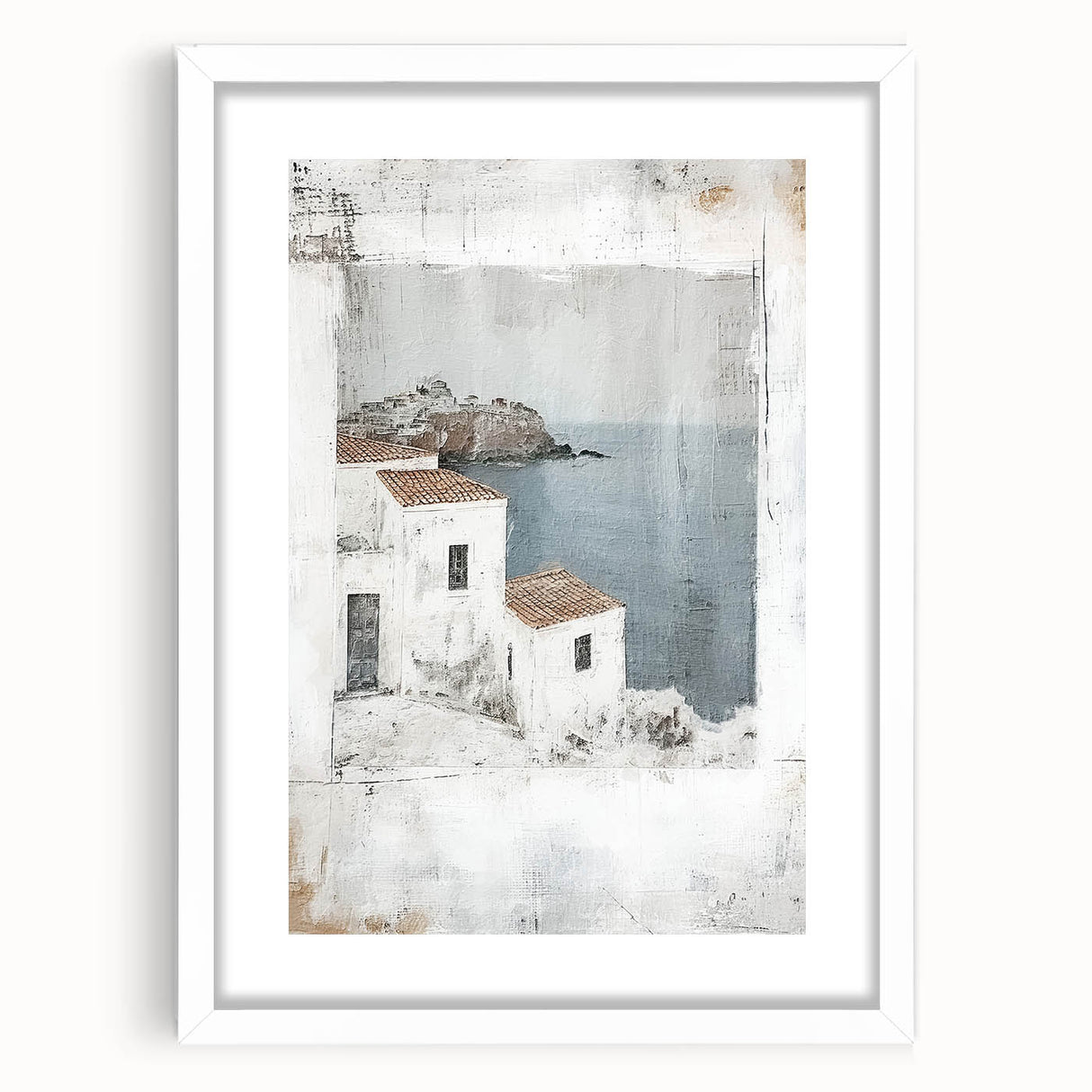 Abstract architecture wall art framed in white with a mat, showcasing geometric shapes and soft colors, ideal for modern home decor or office aesthetics.