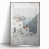 Framed abstract architecture wall art in a sleek white frame, showcasing modern geometric patterns in muted tones, ideal for contemporary home decor.