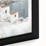 Close-up of a framed abstract architecture wall art piece, showcasing intricate geometric patterns in muted tones of blue and gray, perfect for modern decor.