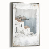 Framed canvas wall art showcasing an abstract architectural design with silver accents, viewed from the side, perfect for modern home decor.