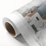 Abstract architectural wall art on rolled canvas, showcasing geometric shapes in vibrant blue, yellow, and gray, ideal for modern interior decor.