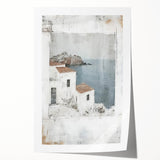 Abstract architectural wall art print showcasing geometric shapes in shades of blue and gray, rolled and ready for display in a stylish modern setting.