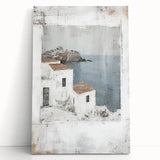 Abstract architecture wall art on stretched canvas, showcasing geometric shapes in muted tones of blue and grey, leaning against a neutral wall for a modern aesthetic.