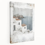 Abstract architecture wall art on stretched canvas, showcasing geometric shapes and vibrant colors, presented in a side view to highlight depth and texture.