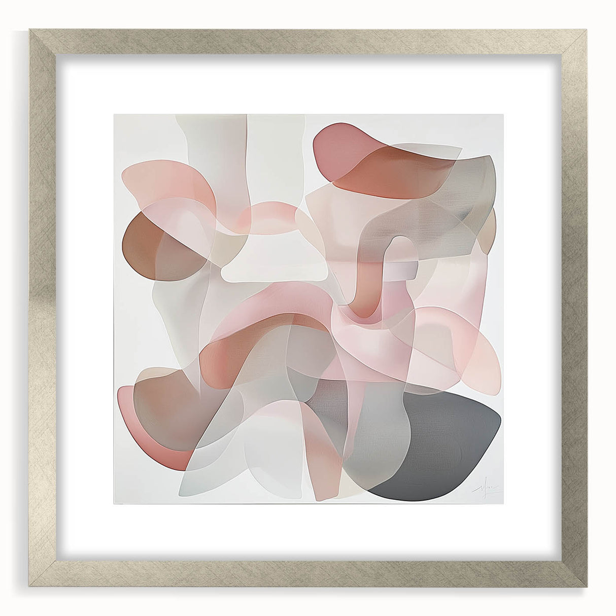 Abstract geometric frame with a sleek silver finish, showcasing a modern design. The frame is complemented by a white mat, enhancing its elegant appearance for stylish home decor.
