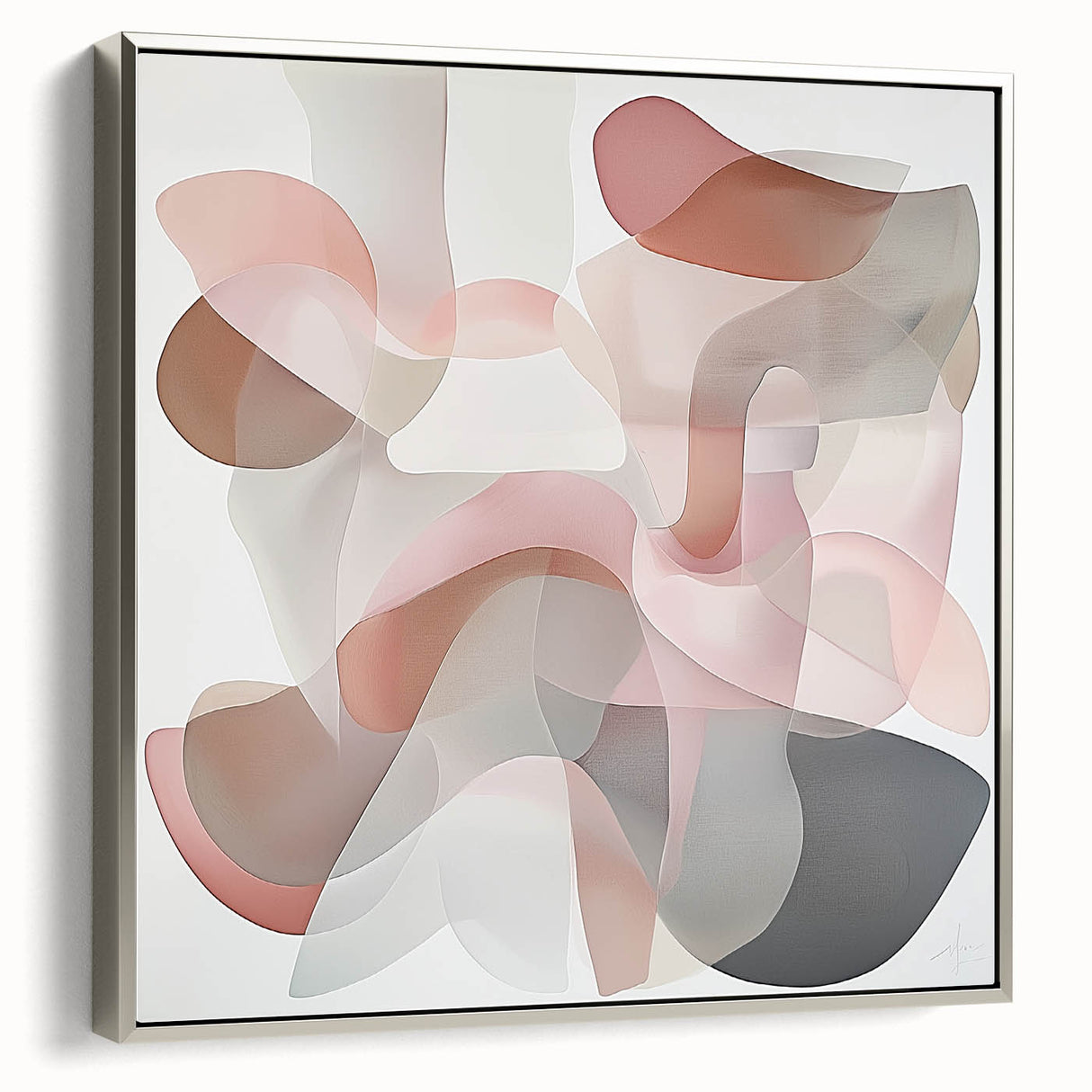 Abstract geometric framed canvas art with a silver finish, showcasing intricate patterns and shapes, ideal for modern home decor. Side view highlights the depth and texture of the design.