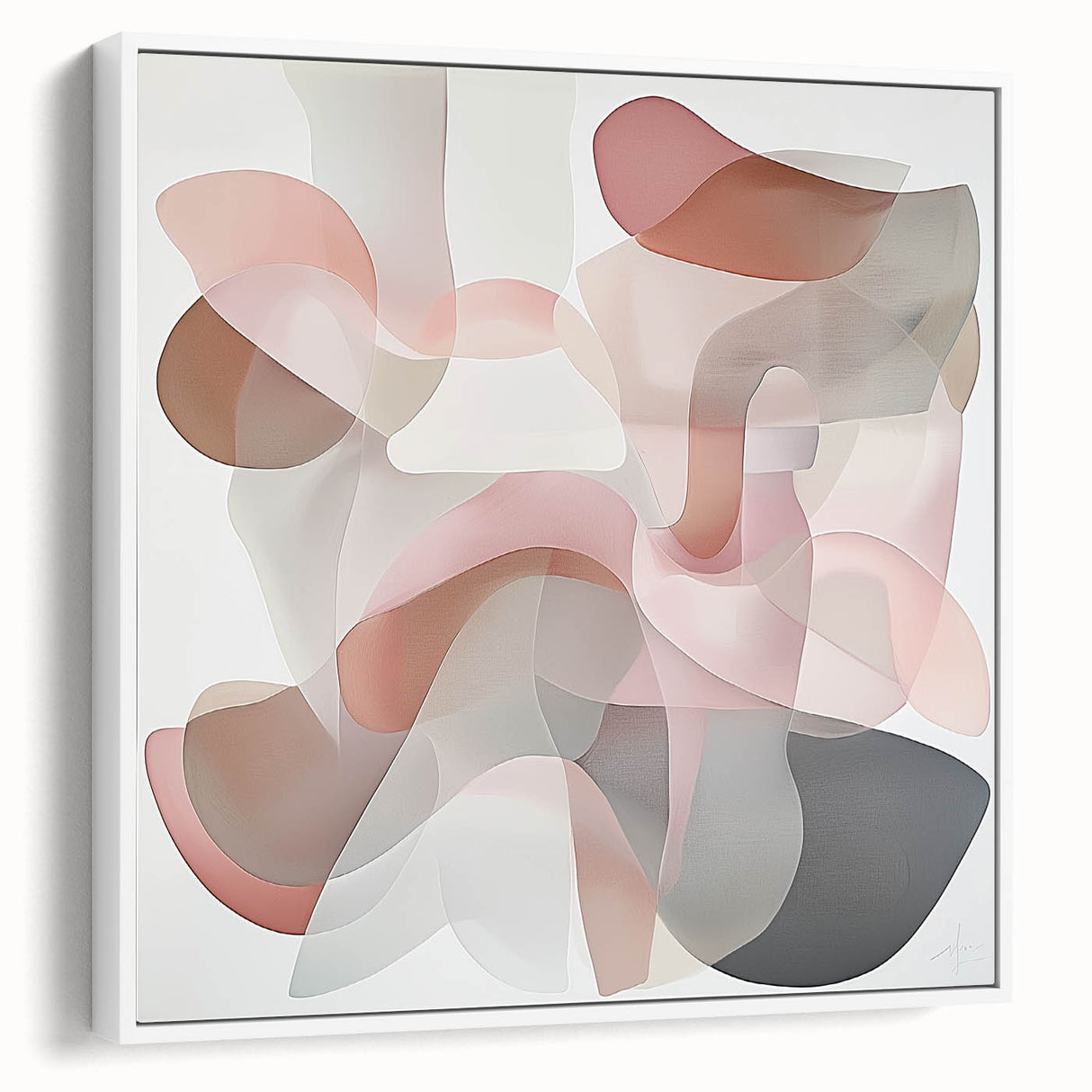 Abstract geometric framed canvas artwork showcasing a modern design with white and subtle color accents, ideal for contemporary home decor. Perfect for enhancing artistic ambiance in living spaces.