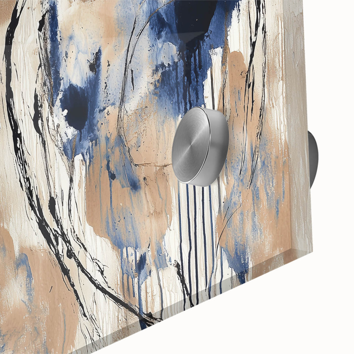 Close-up of colorful abstract acrylic splatters on glass, showcasing vibrant hues of blue, orange, and yellow. Perfect for modern home decor.