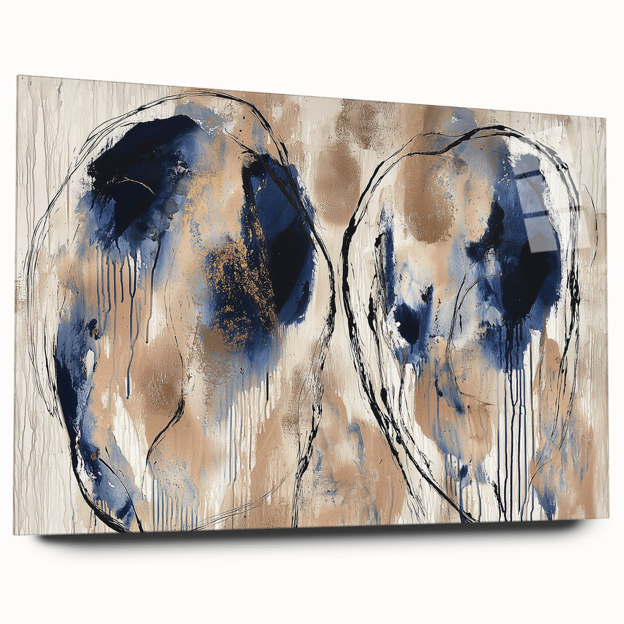 Abstract acrylic glass art piece showcasing vibrant splatters in shades of blue, pink, and yellow, displayed from a side view, emphasizing its sleek design and modern aesthetic. Perfect for contemporary home decor.