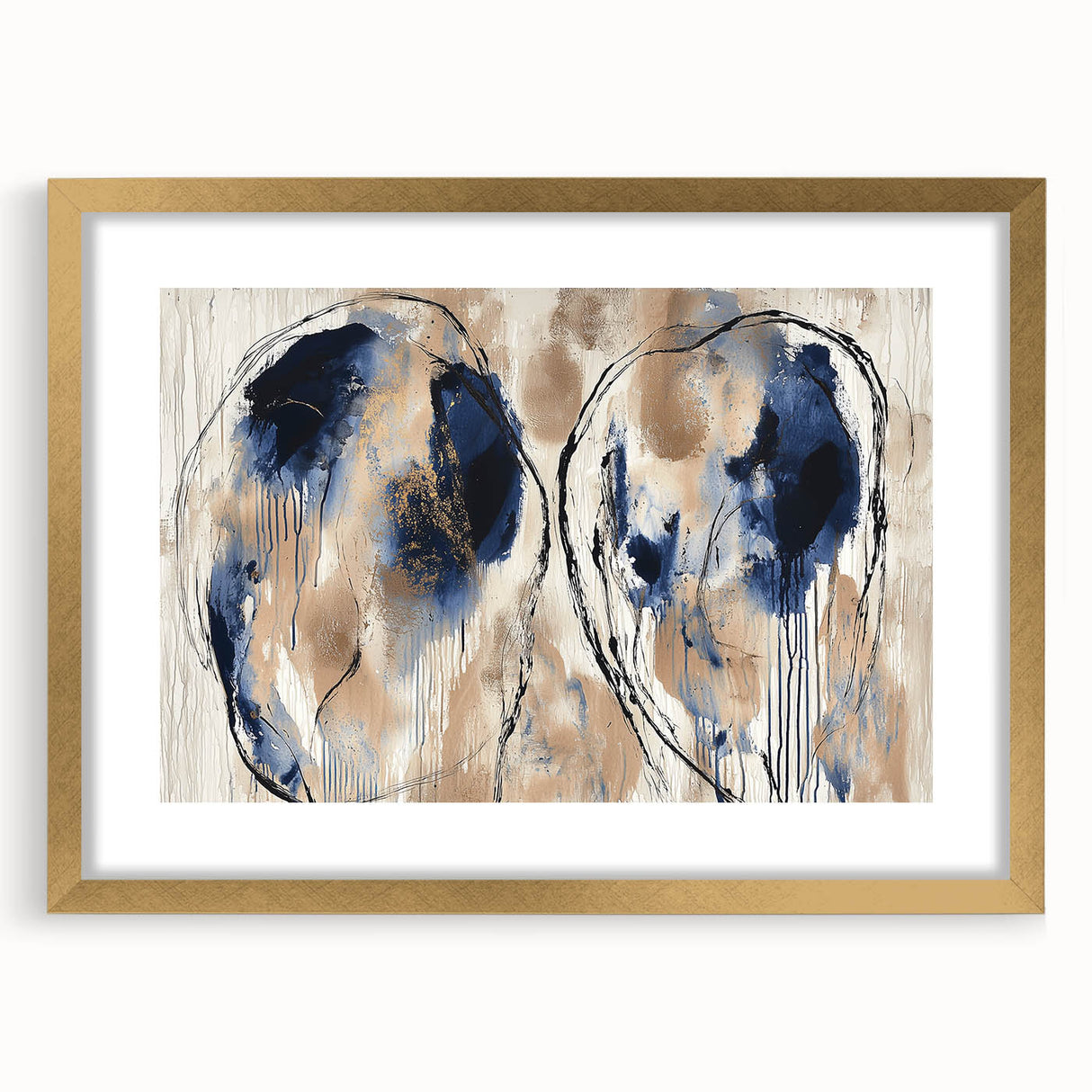 Abstract splatter art frame in gold with a mat, showcasing a vibrant design that enhances modern decor, perfect for living rooms or creative spaces.
