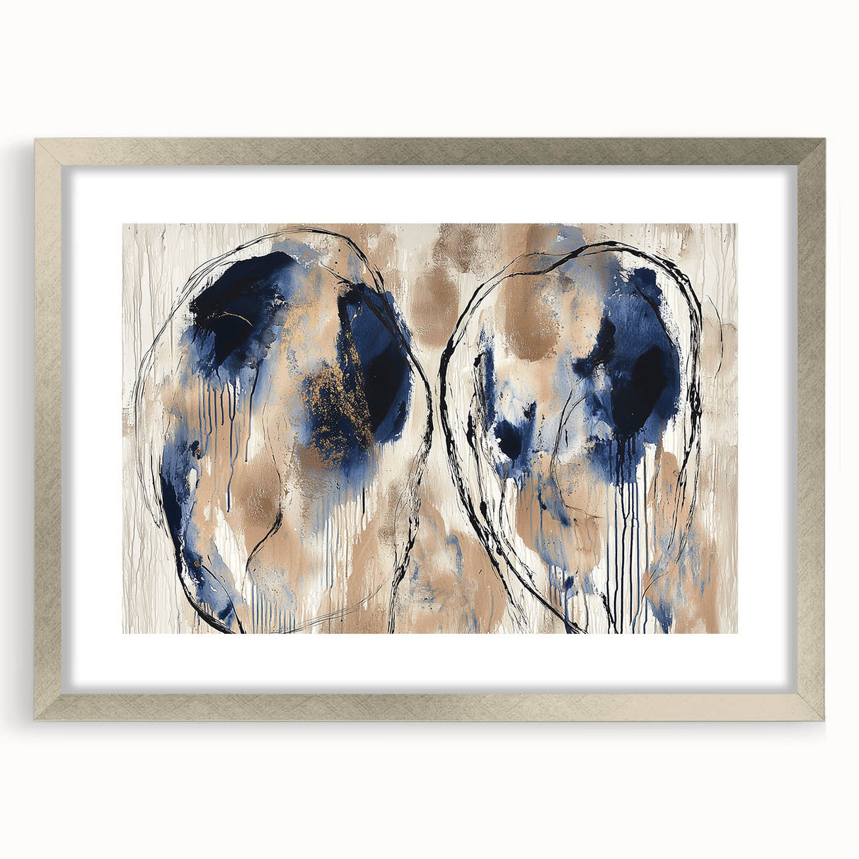 Abstract splatters frame in silver with a mat, showcasing vibrant colors and a modern artistic design, perfect for enhancing contemporary home decor.