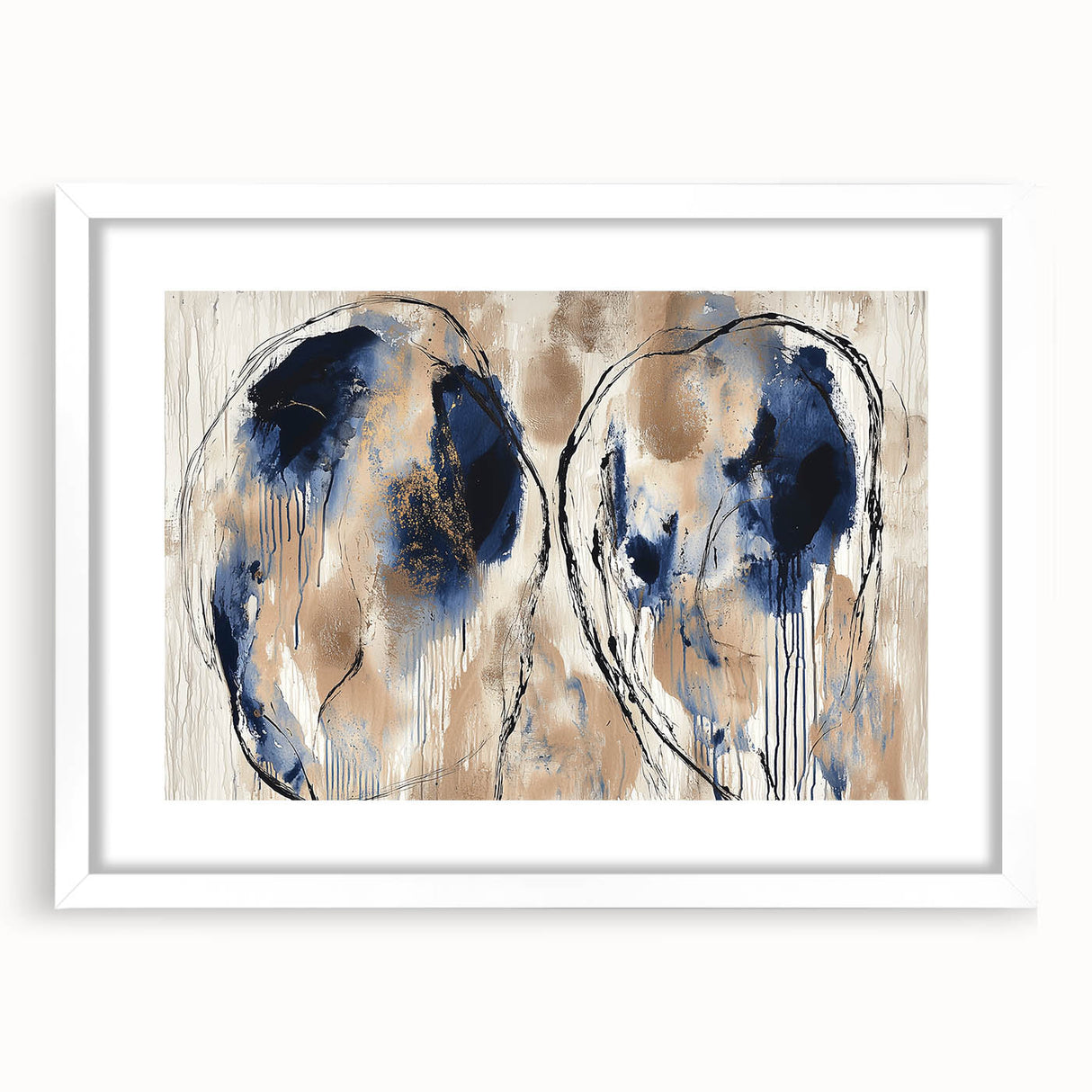 Abstract splatter art frame with a white mat, showcasing vibrant paint splashes in blue, red, and yellow, perfect for modern home decor or gallery walls.