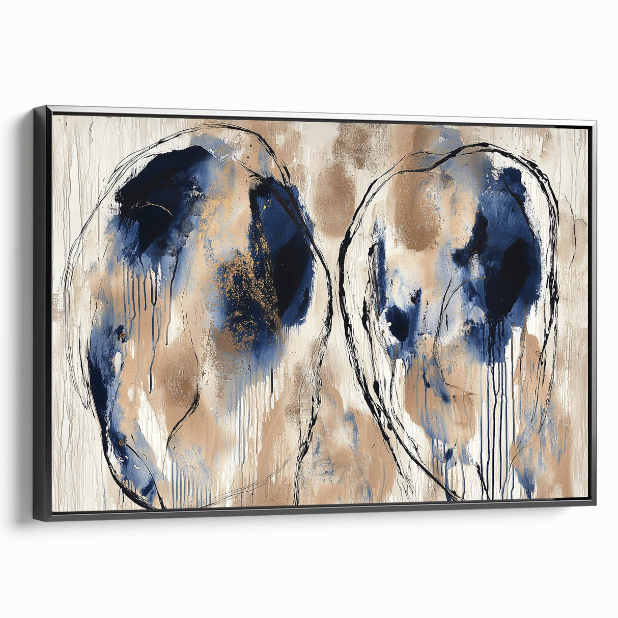 Framed canvas artwork showcasing abstract splatter design in bold black tones, presented from a side view, perfect for modern home decor.