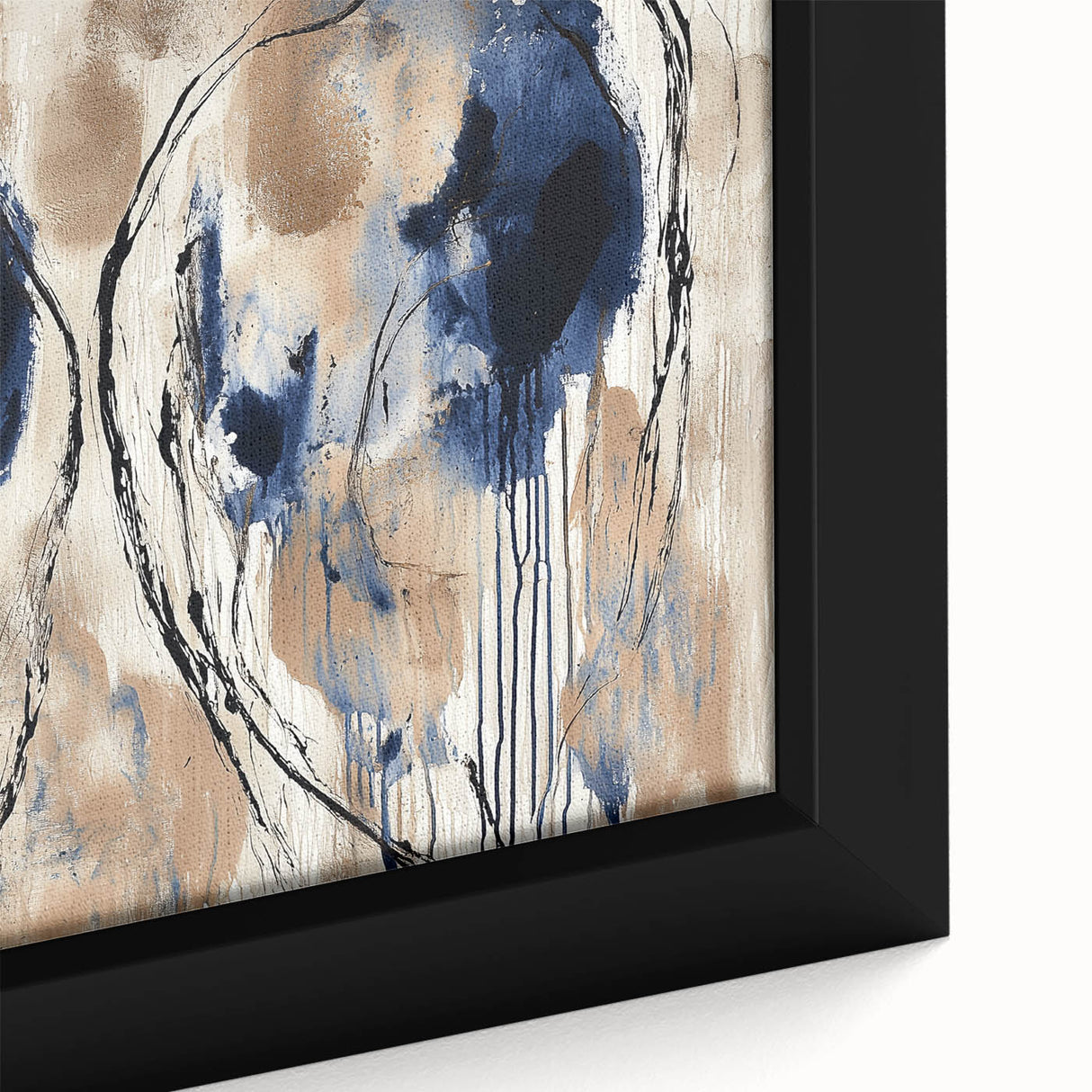 Close-up of a framed canvas featuring vibrant abstract splatter designs in shades of blue, orange, and yellow, perfect for modern home decor. The textured surface adds depth, making it an eye-catching centerpiece for any room.