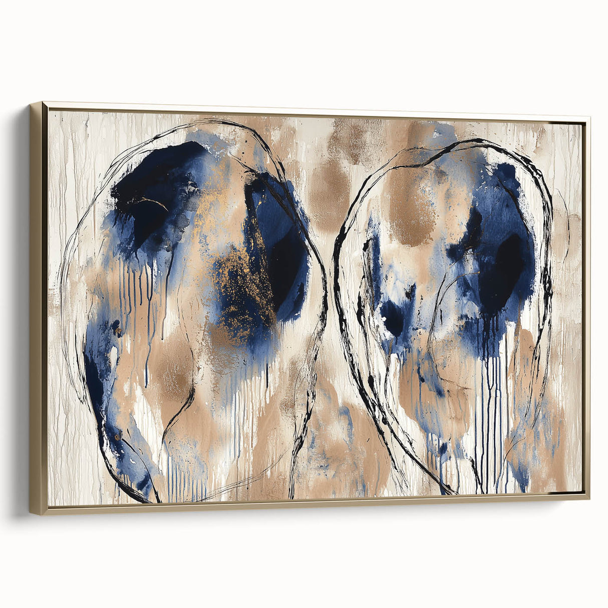 Abstract splatter art canvas framed in gold, showcasing vibrant colors and dynamic shapes, perfect for modern home decor or artistic display.