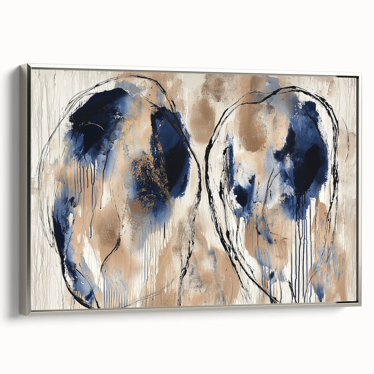Framed canvas artwork showcasing vibrant abstract splatter designs in shades of blue and silver, adding a modern touch to home decor. Ideal for contemporary art lovers.