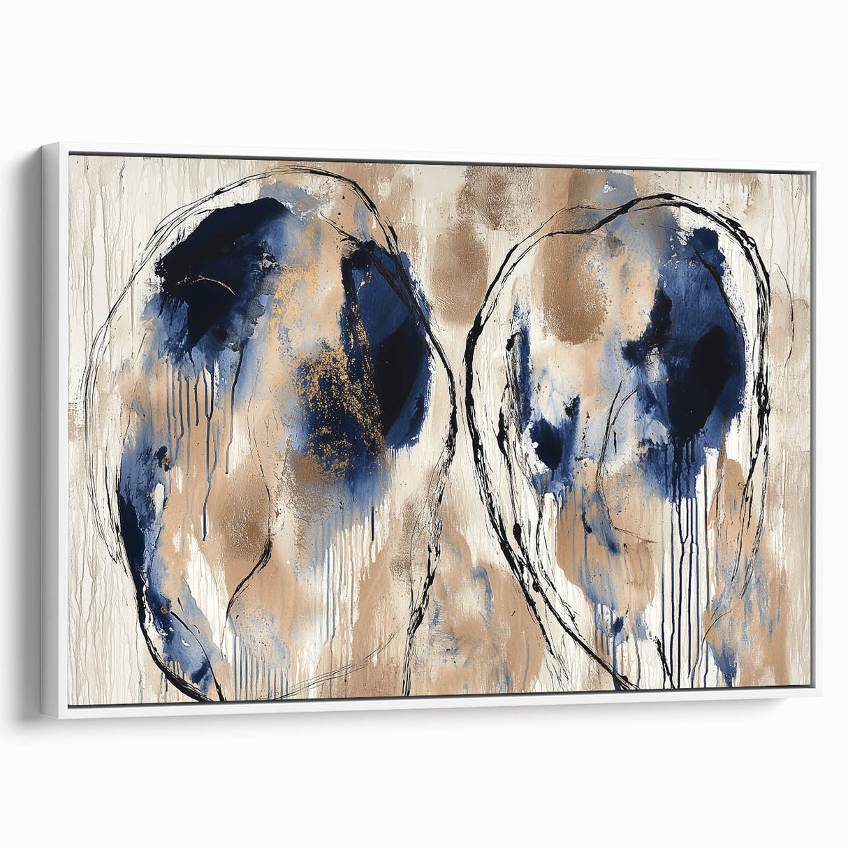 Abstract splatter art on framed canvas showcasing vibrant colors and dynamic patterns, presented in a sleek white frame, ideal for modern home decor.