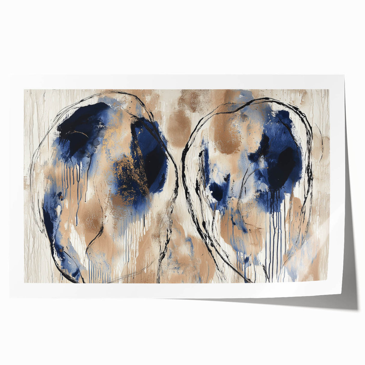 Abstract splatter art print in vibrant hues of blue, yellow, and pink, showcasing a modern design with dynamic shapes, ideal for contemporary home decor.