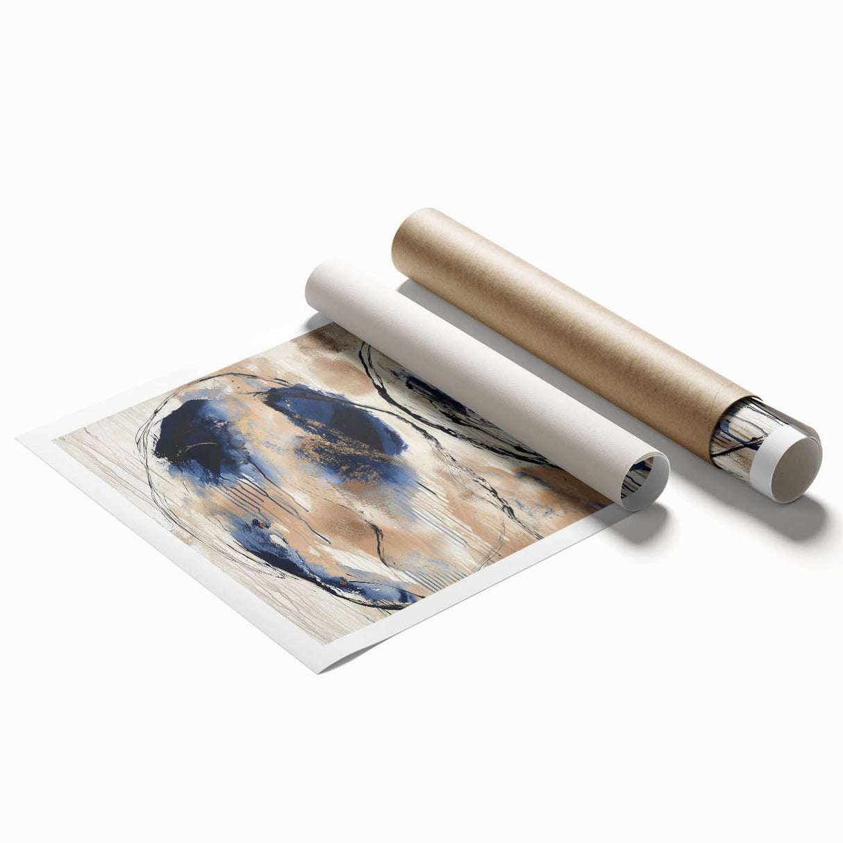 Abstract splatter art print rolled up in a sturdy tube, showcasing vibrant colors of blue, yellow, and red, ideal for modern home decor and artistic displays.