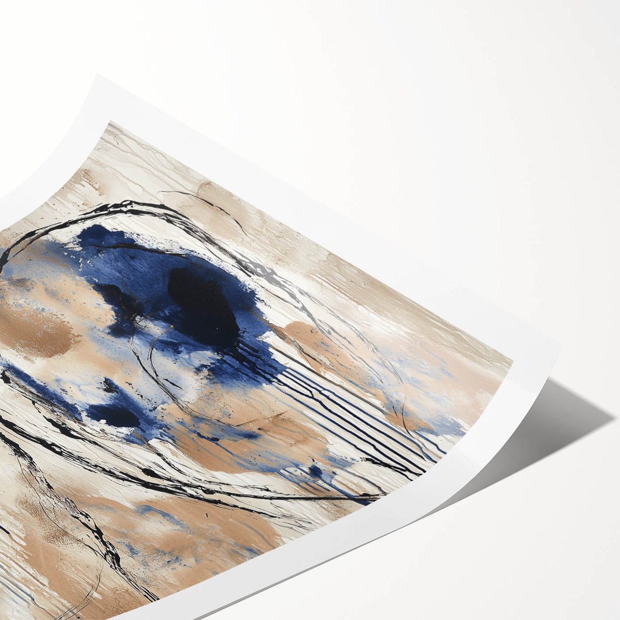 Abstract splatter art print showcasing vibrant colors of blue, orange, and yellow, rolled and ready for framing, ideal for modern home decor.