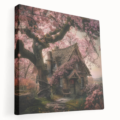 Large art of quaint cottages in muted earth tones on stretched canvas, suitable for kitchen wall art.