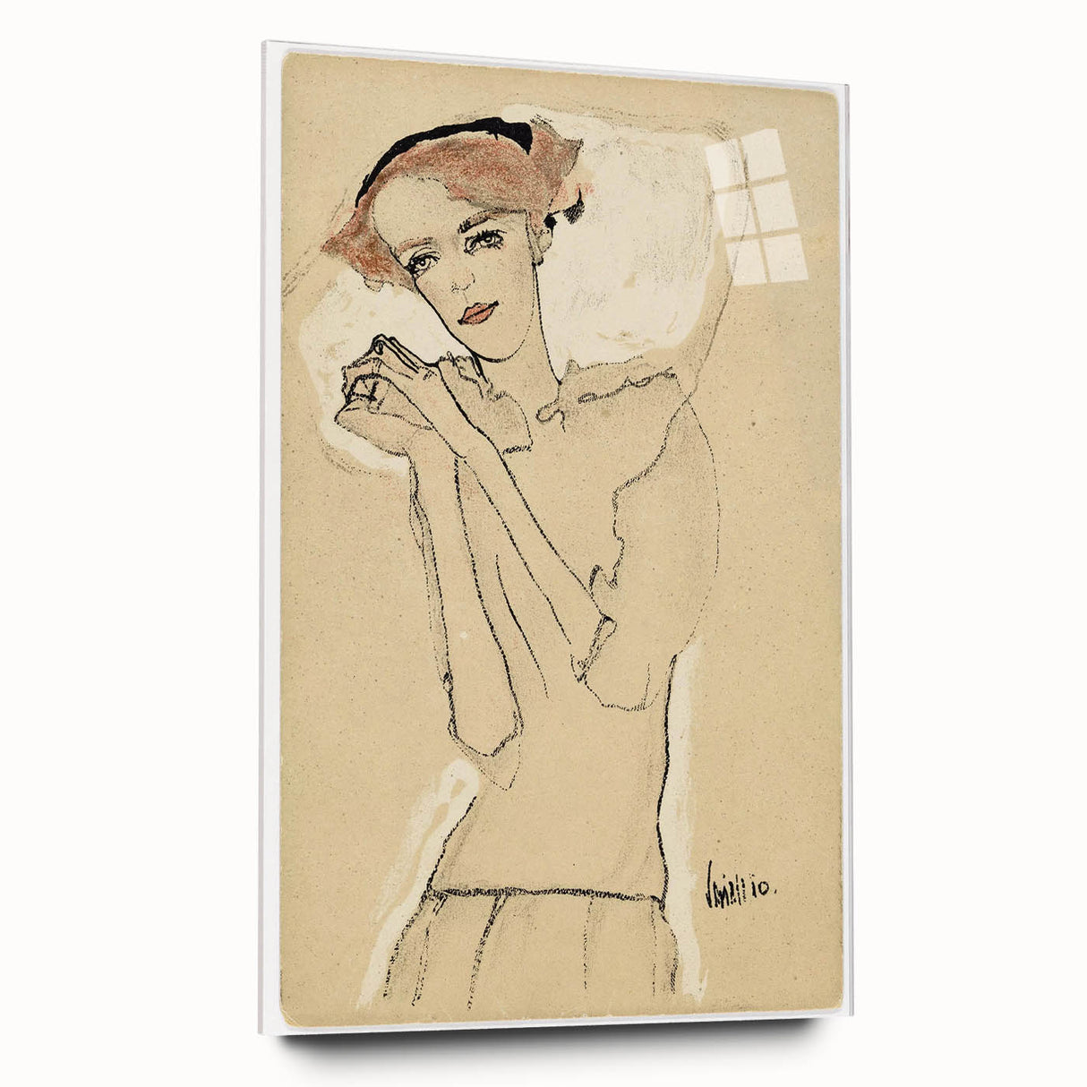 Vintage Art Deco Wall Art - Elegant Portrait with Soft Red Accents