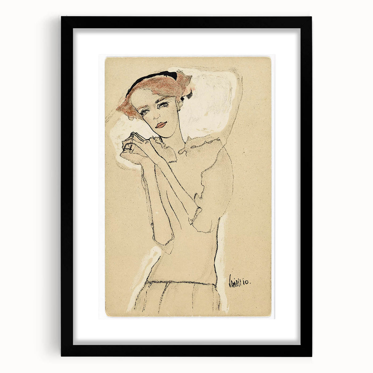 Vintage Art Deco Wall Art - Elegant Portrait with Soft Red Accents
