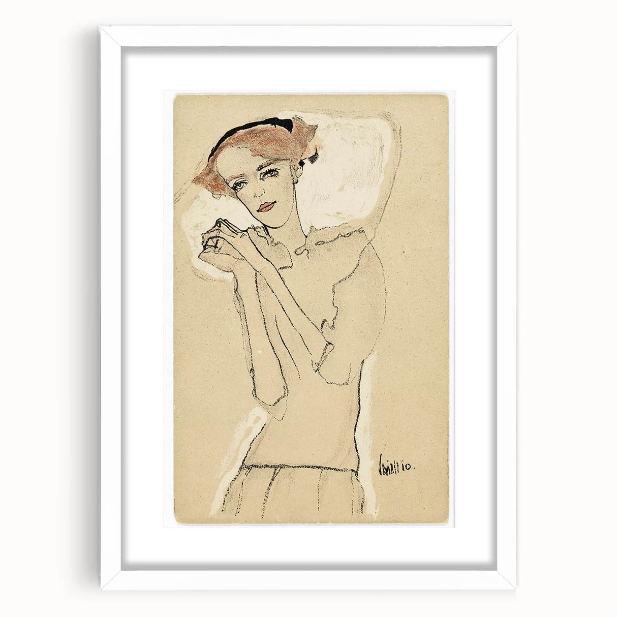 Vintage Art Deco Wall Art - Elegant Portrait with Soft Red Accents