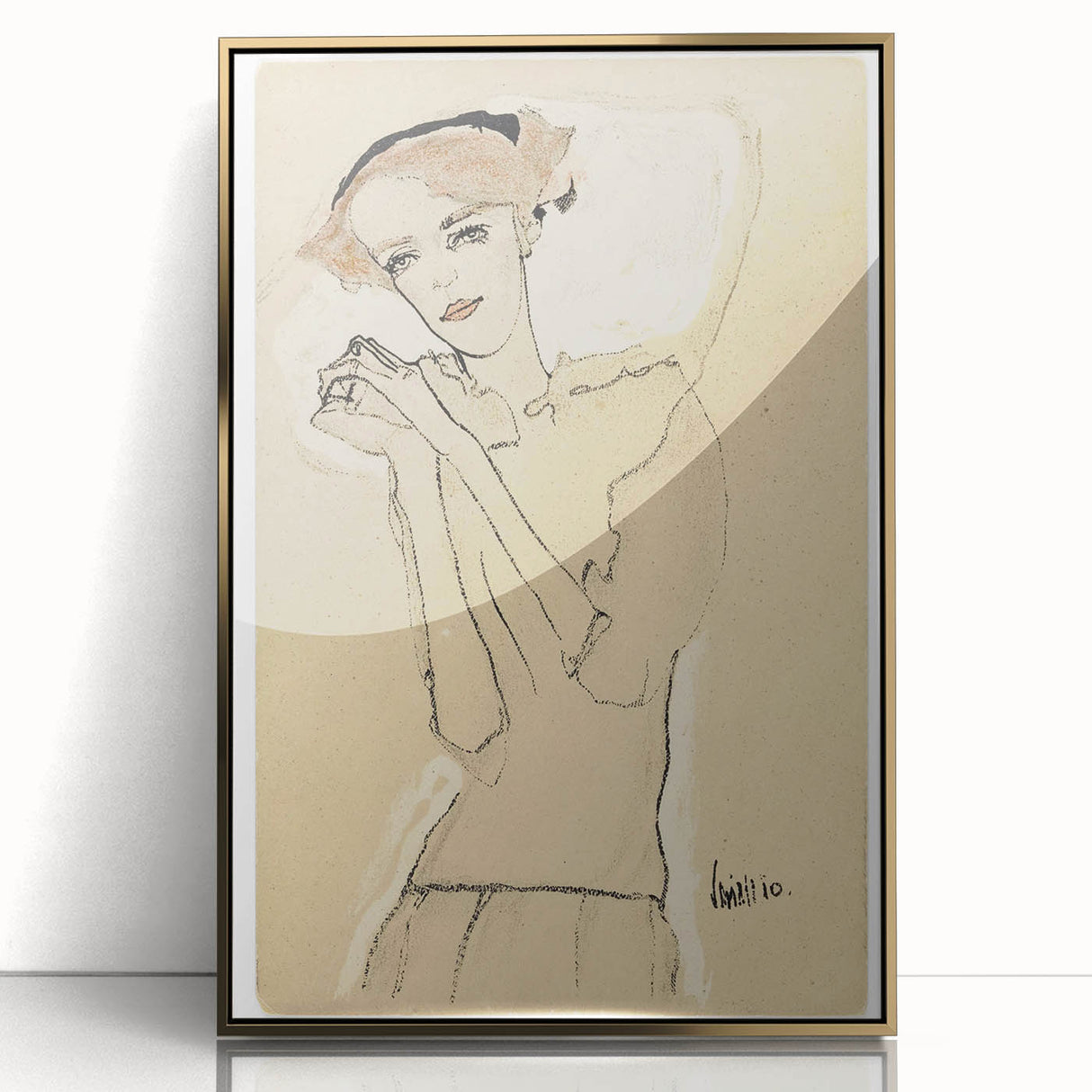 Vintage Art Deco Wall Art - Elegant Portrait with Soft Red Accents