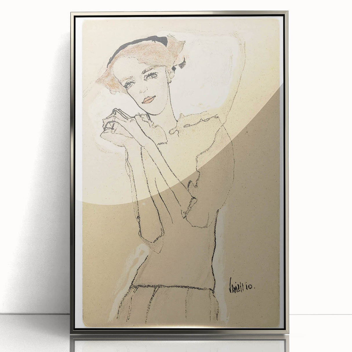 Vintage Art Deco Wall Art - Elegant Portrait with Soft Red Accents