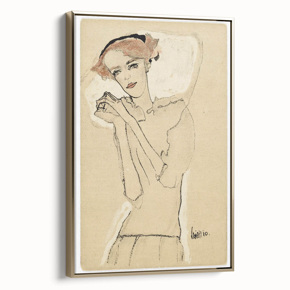 Vintage Art Deco Wall Art - Elegant Portrait with Soft Red Accents