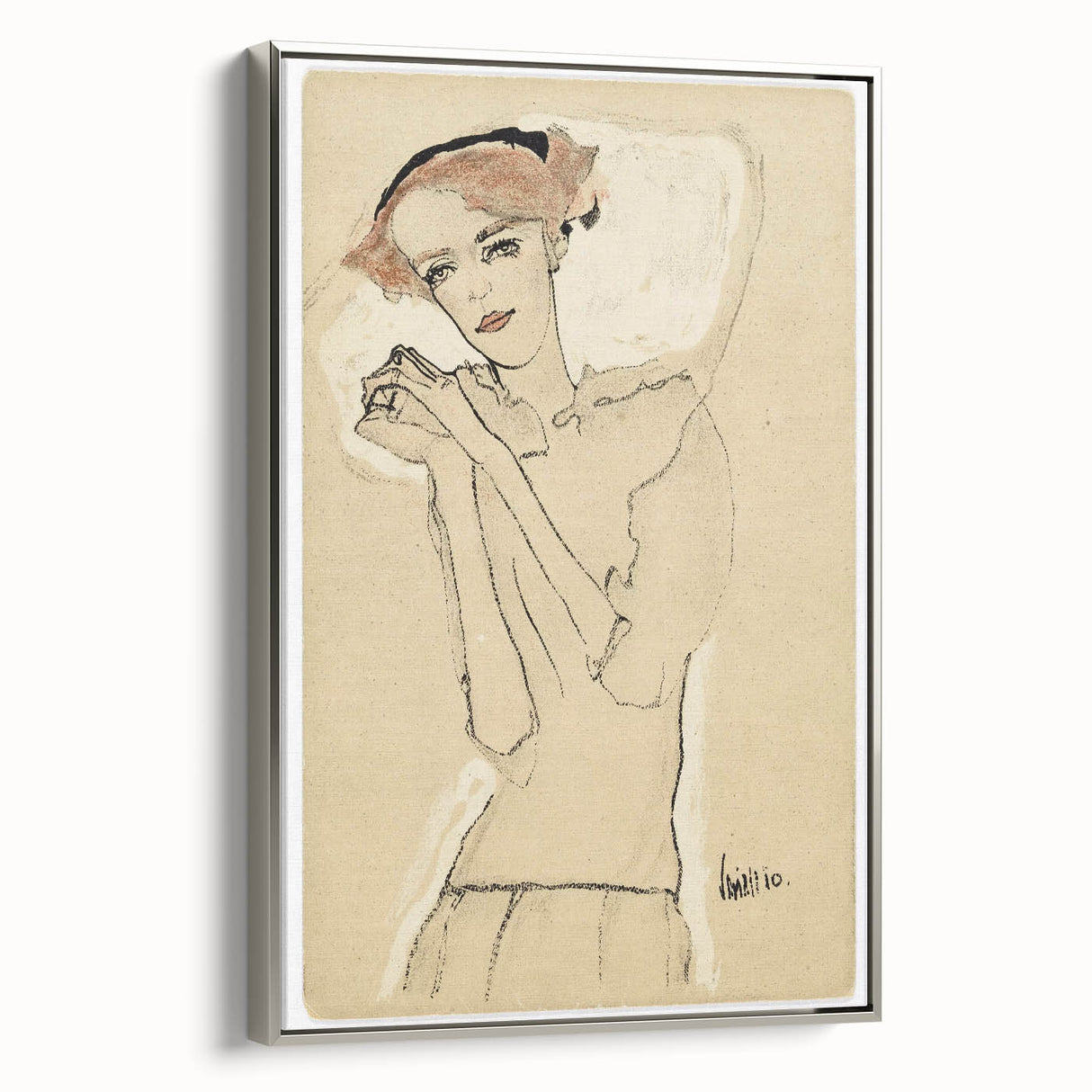 Vintage Art Deco Wall Art - Elegant Portrait with Soft Red Accents