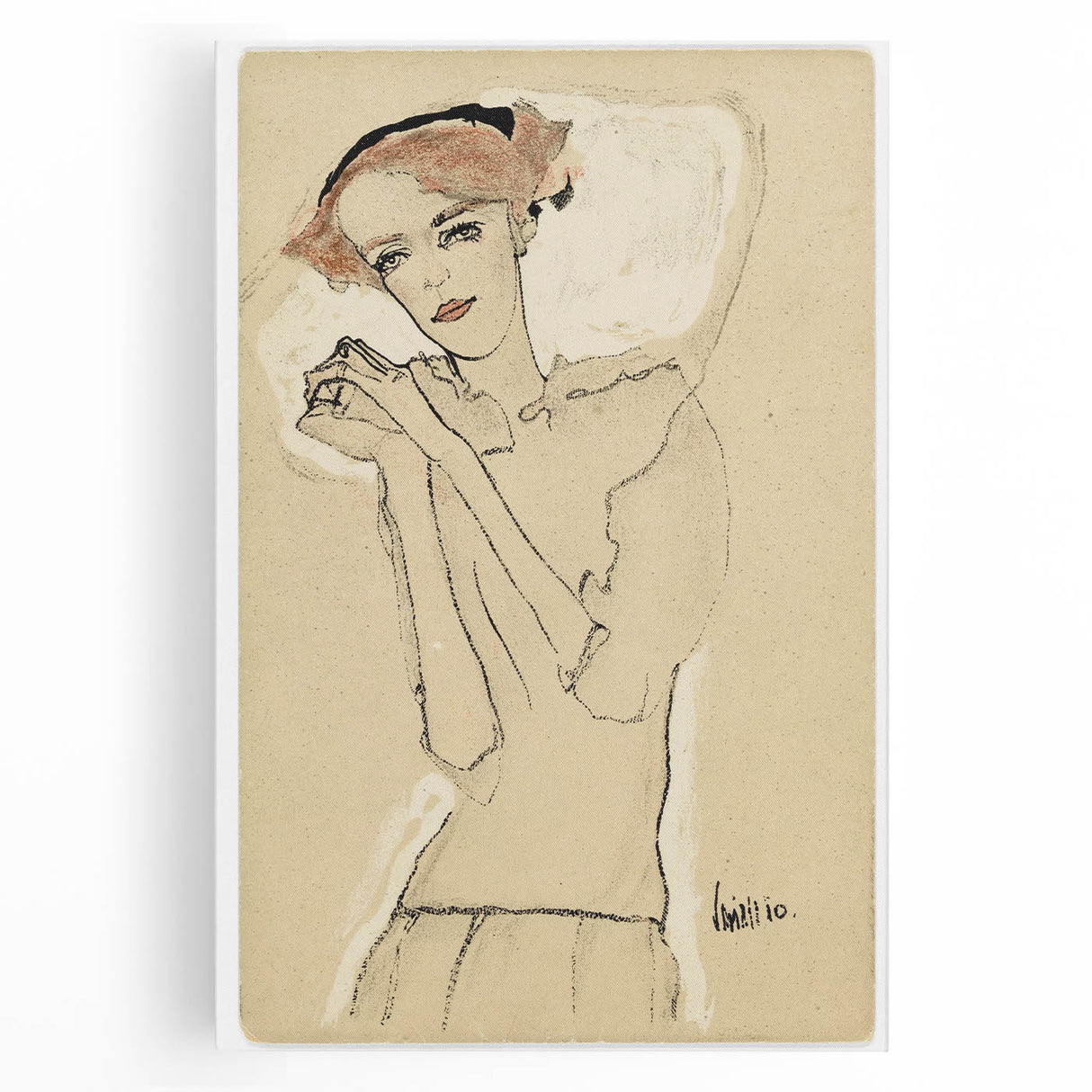Vintage Art Deco Wall Art - Elegant Portrait with Soft Red Accents