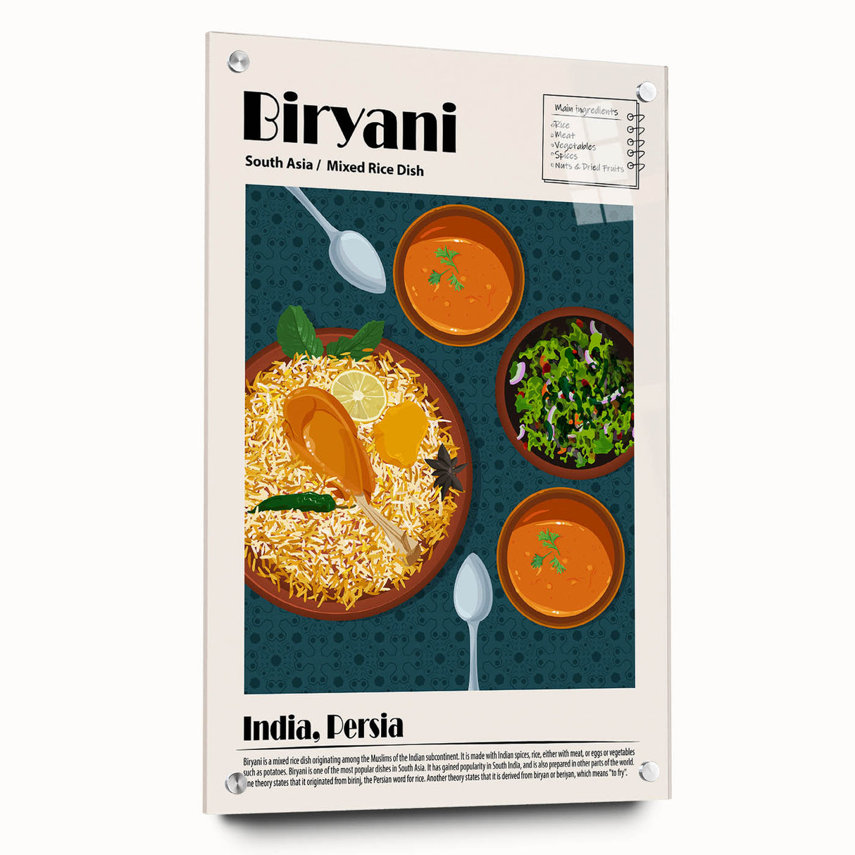 Acrylic print of various food dishes in vibrant colors, suitable for dining room decor.