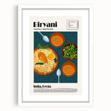 Abstract art prints featuring assorted food dishes in muted earth tones on a white framed poster.