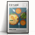 Large abstract wall art featuring an array of colorful food dishes, in a black acrylic frame.