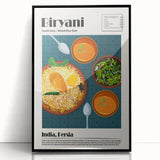 Large abstract wall art featuring an array of colorful food dishes, in a black acrylic frame.