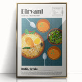 Large art print of various food dishes in a mid-century modernist style with gold frame, suited for modern kitchen decor.