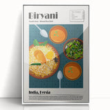 Art deco poster of various food dishes in vibrant colors on white acrylic, framed, ideal for modern kitchen decor.