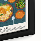 Close-up of a framed canvas featuring black wall art with colorful, textured depictions of various food dishes.