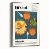 Framed canvas featuring a vintage poster of colorful landscape art paintings, ideal for dining room decor.